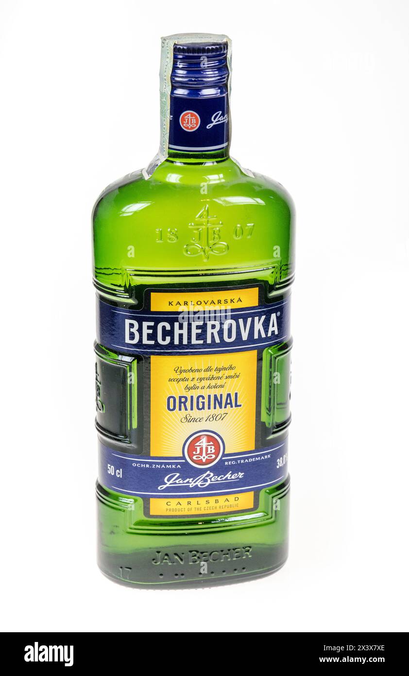 Becherovka herbal bitters drink, Carlsbad, Czech Republic Stock Photo