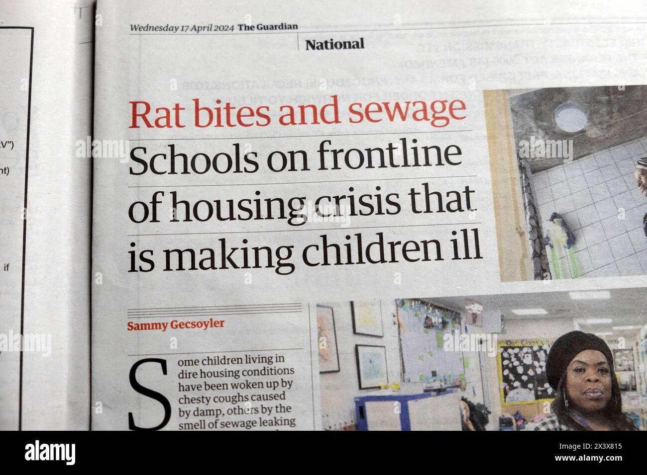 'Rat bites and sewage Schools on frontline of housing crisis that is making children ill' Guardian newspaper headline article 17 April 2024 London UK Stock Photo