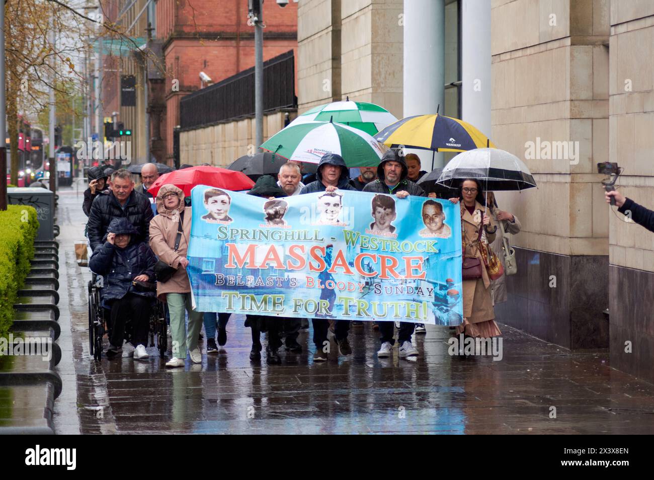 Belfast, United Kingdom 29 04 2024 Springhill/Westrock Inquest families outside Laganside court Belfast ahead of closing submissions alongside other legacy case families and supporters including Gerry Adams Belfast Northern Ireland Credit: HeadlineX/Alamy Live News Stock Photo