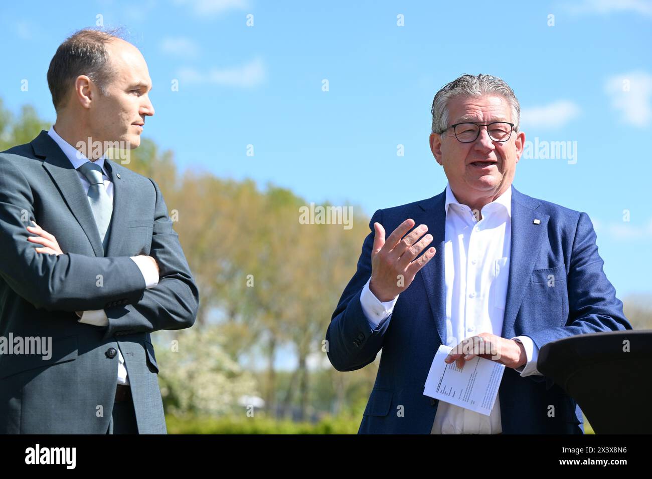 Brugge, Belgium. 29th Apr, 2024. Chairman Thomas Tousseyn of Cercle Brugge and Mayor Dirk De fauw of the city of Brugge pictured during a press conference of Cercle Brugge to announce plans to build a new state of the art training center and complex on April 29, 2024 in Brugge, Belgium. (Photo by David Catry/Isosport) Credit: sportpix/Alamy Live News Stock Photo