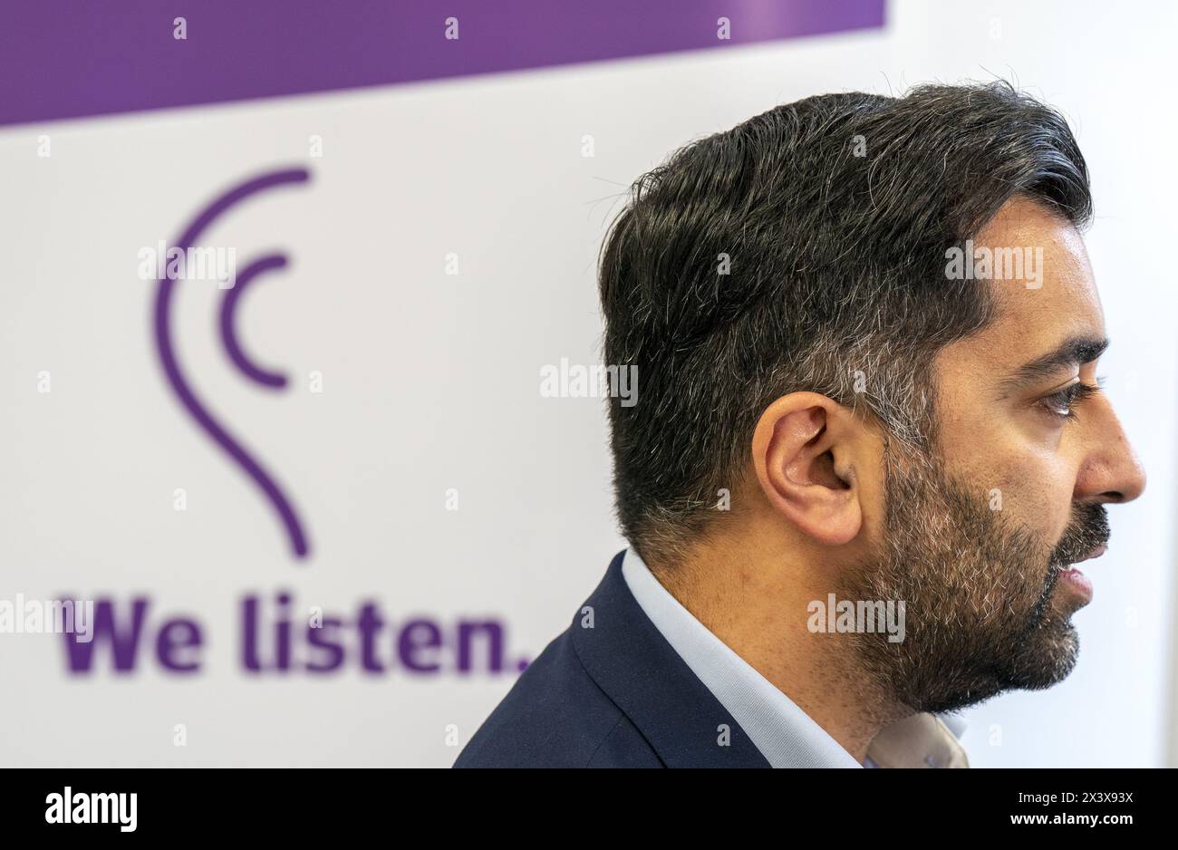File photo dated 25/10/23 of Scottish First Minister Humza Yousaf speakING to the media during his visit to Scottish Throughcare and Aftercare Forum (STAF)'s offices in Glasgow. Humza Yousaf has said he will resign as SNP leader and Scotland???s First Minister. Issue date: Monday April 29, 2024. Stock Photo