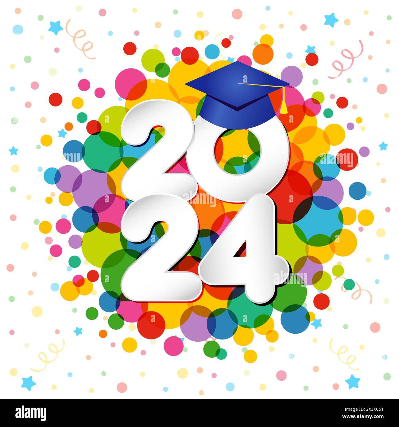 Cute graduating banner with colorful abstract background. Holiday festive backdrop, coloured confetti, paper style number 2 0 2 4 and 3D blue motarboa Stock Vector
