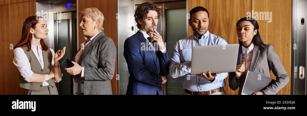 Multicultural business professionals standing in a circle, collaborating and bonding. Stock Photo