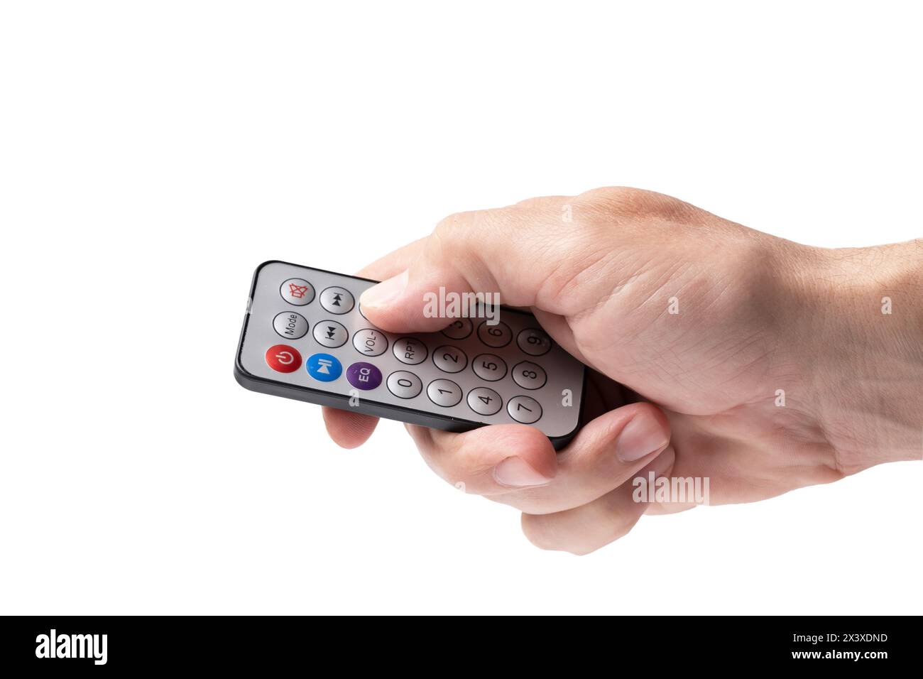 Man hand holding a remote control isolated white background Stock Photo