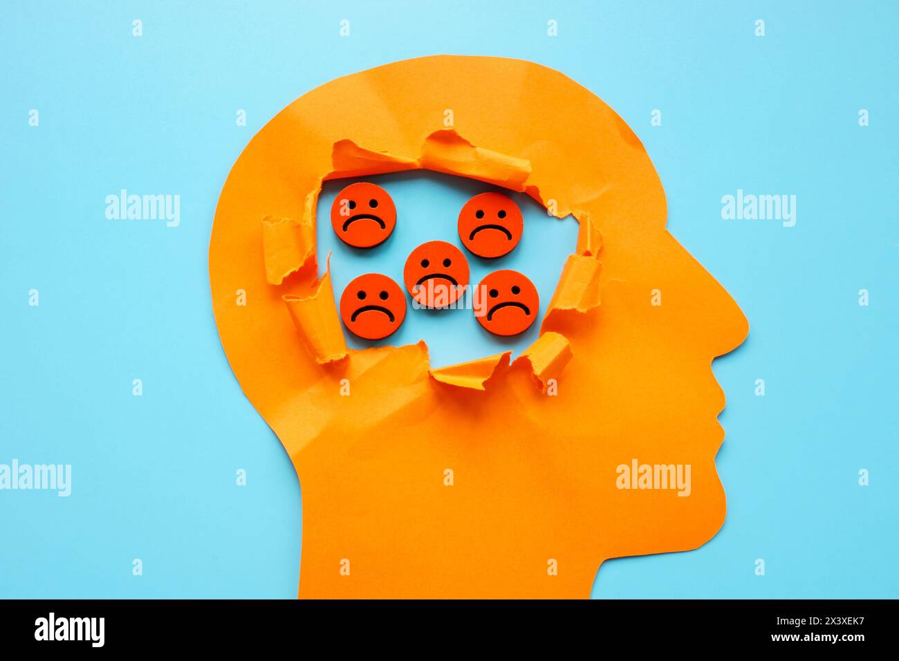 Depression and sad thoughts. Torn paper head and sad emoticons Stock ...