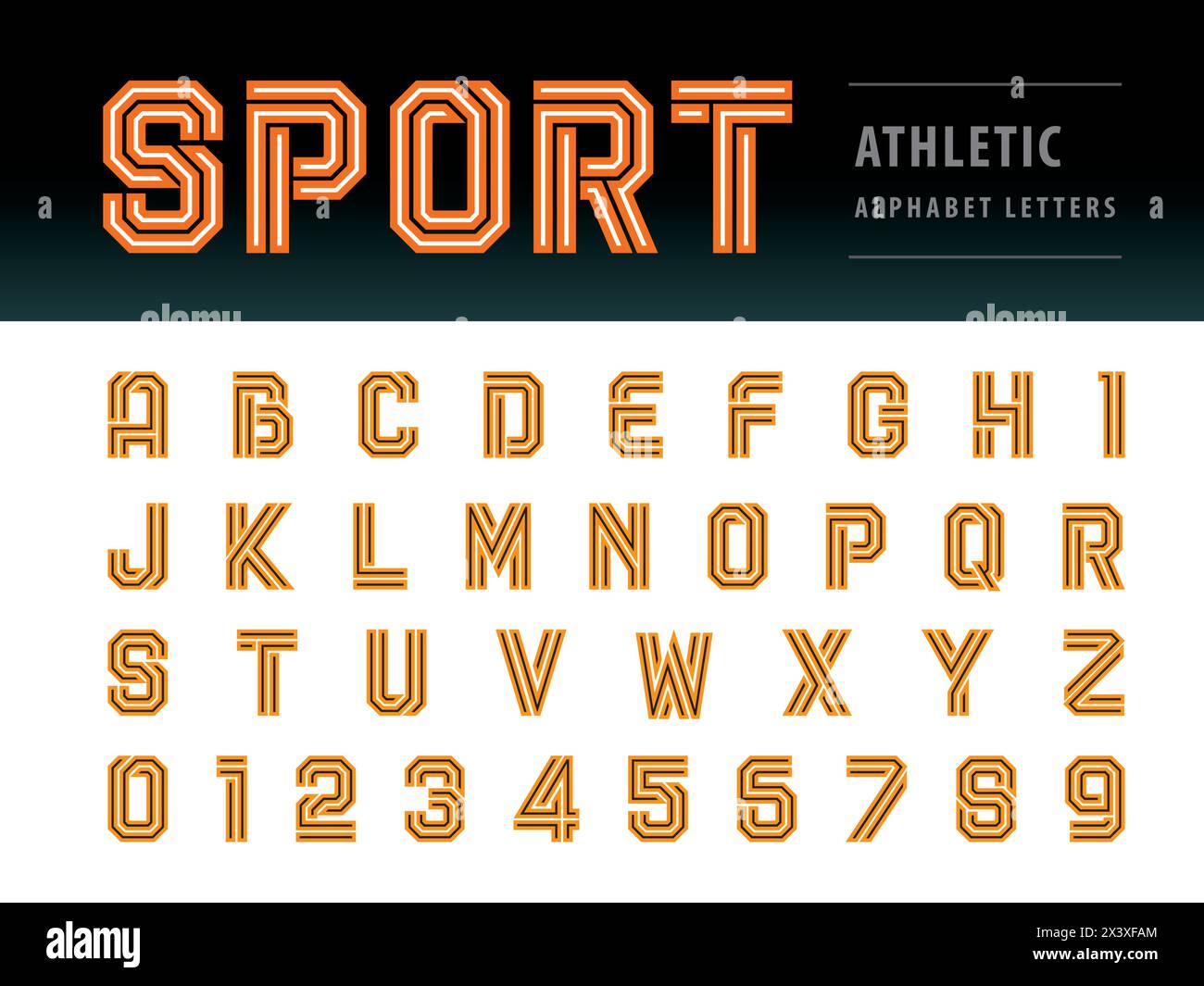 Vector of Athletic Alphabet Letters and numbers, Geometric Font Technology, Sport, Futuristic Future, Line Letters set for Force, school, army, power, Stock Vector