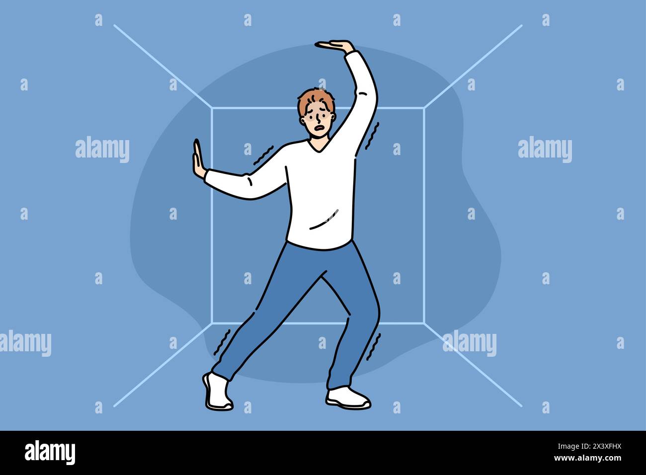 Man suffering from claustrophobia experiences shock when finds himself in confined space and needs quick release to freedom. Problem of claustrophobia due to psychological trauma received in childhood Stock Vector