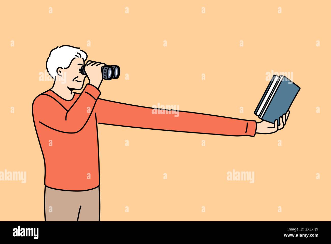 Myopic elderly man uses binoculars to read book, needs corrective surgery on eye pupils. Myopic human is looking for contacts of ophthalmologist from clinic to get advice on eyesight treatment Stock Vector