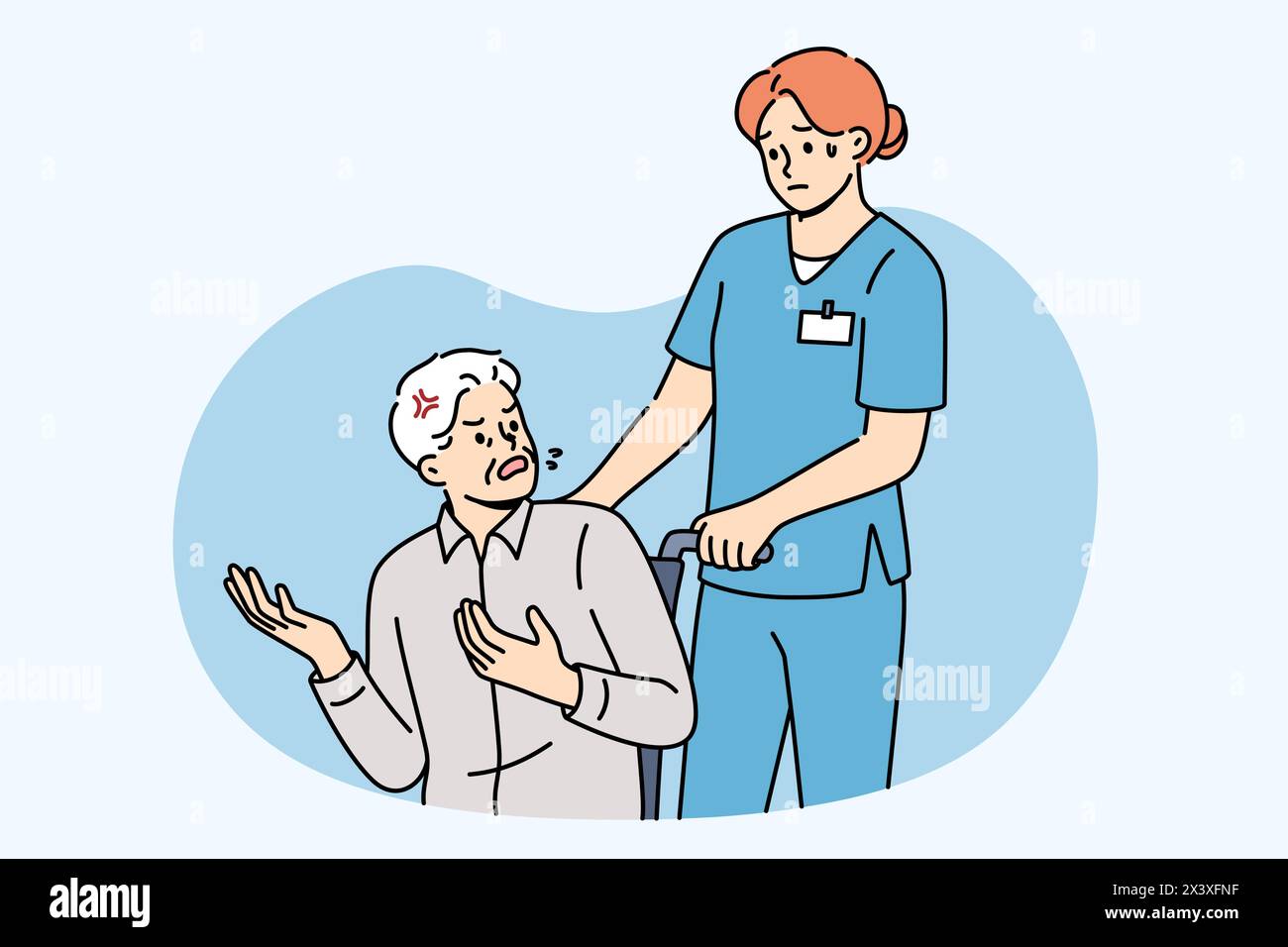 Angry patient in wheelchair swears at nurse, expressing dissatisfaction with healthcare system and high cost of insurance. Woman doctor takes elderly man out of clinic due to lack of health insurance. Stock Vector