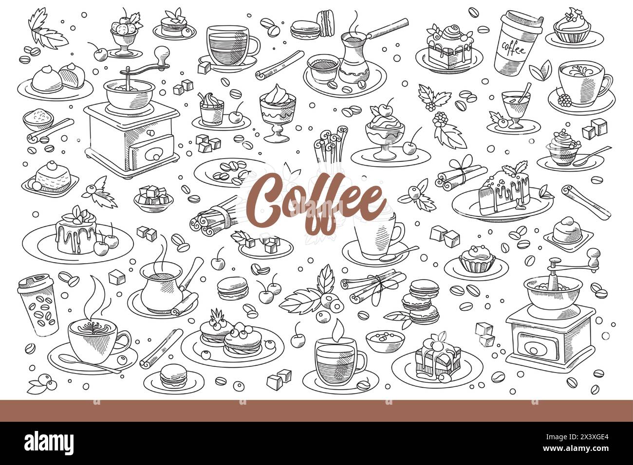 Coffee accessories and beans for delicious, invigorating breakfast. Set with coffee makers for making americano or cappuccino and desserts for coffeeshop menu design. Hand drawn doodle Stock Vector