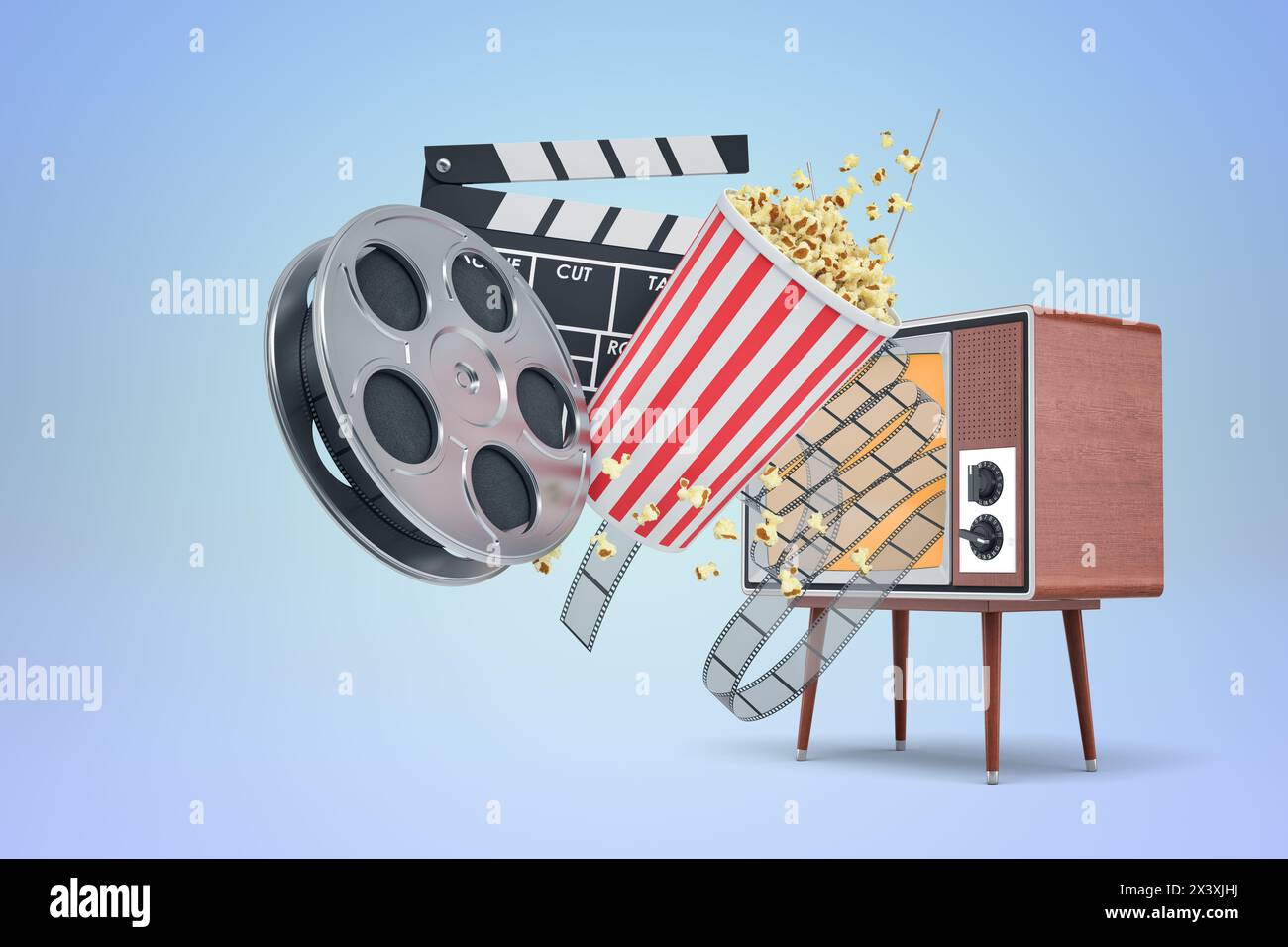 Retro Television with Movie Clapper and Film Reel Stock Photo