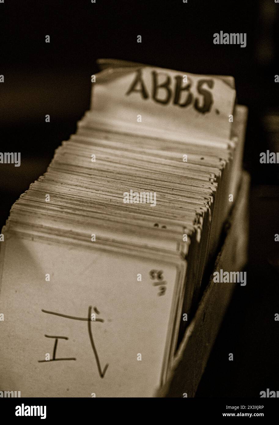 Historical World War 2 index cards in a box at Bletchley Park, Buckinghamshire. Stock Photo