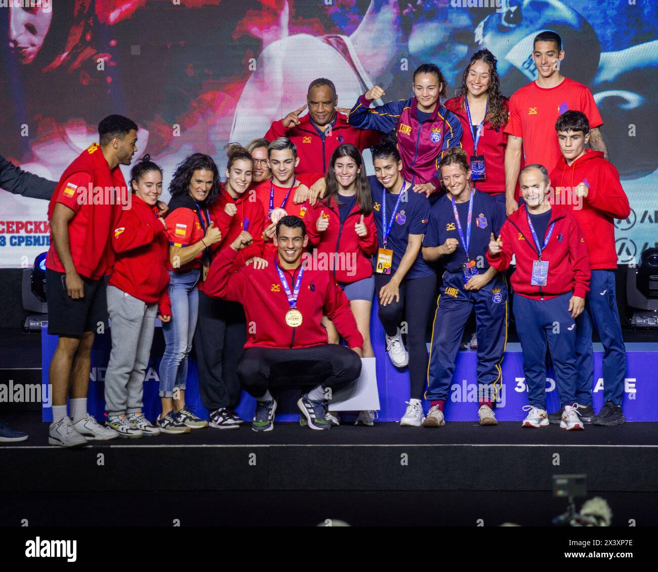 Espania boxing team. EUBC Elite Men and Women European Boxing Championships, Belgrade Equipo español Ayoub Ghadfa, Rafael Lozano Serano, Frank Bernard Stock Photo