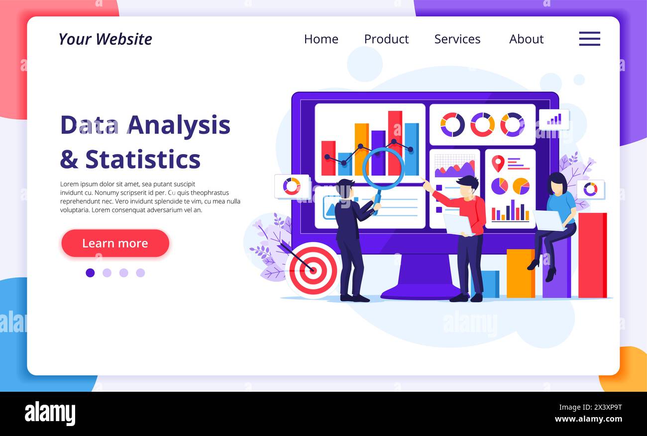 Data Analysis concept, People work in front of a big screen. Auditing, Financial consulting. Modern flat web page design for website and mobile develo Stock Vector