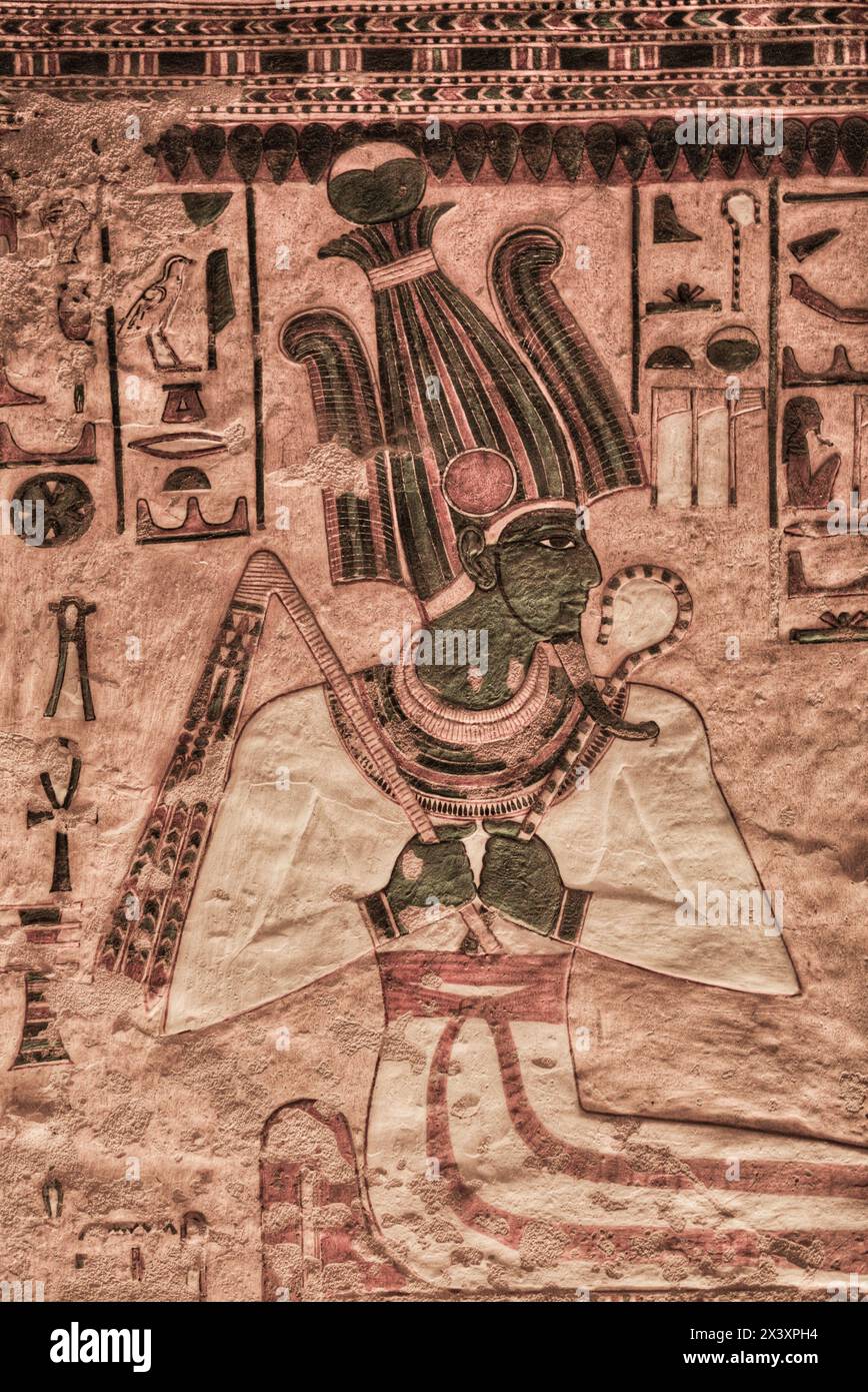 Image of God Osiris, Paintings and Relief, Tomb of Nefertari, QV66, Valley of the Queens, Ancient Thebes, UNESCO World Heritage Site, Luxor, Egypt Stock Photo
