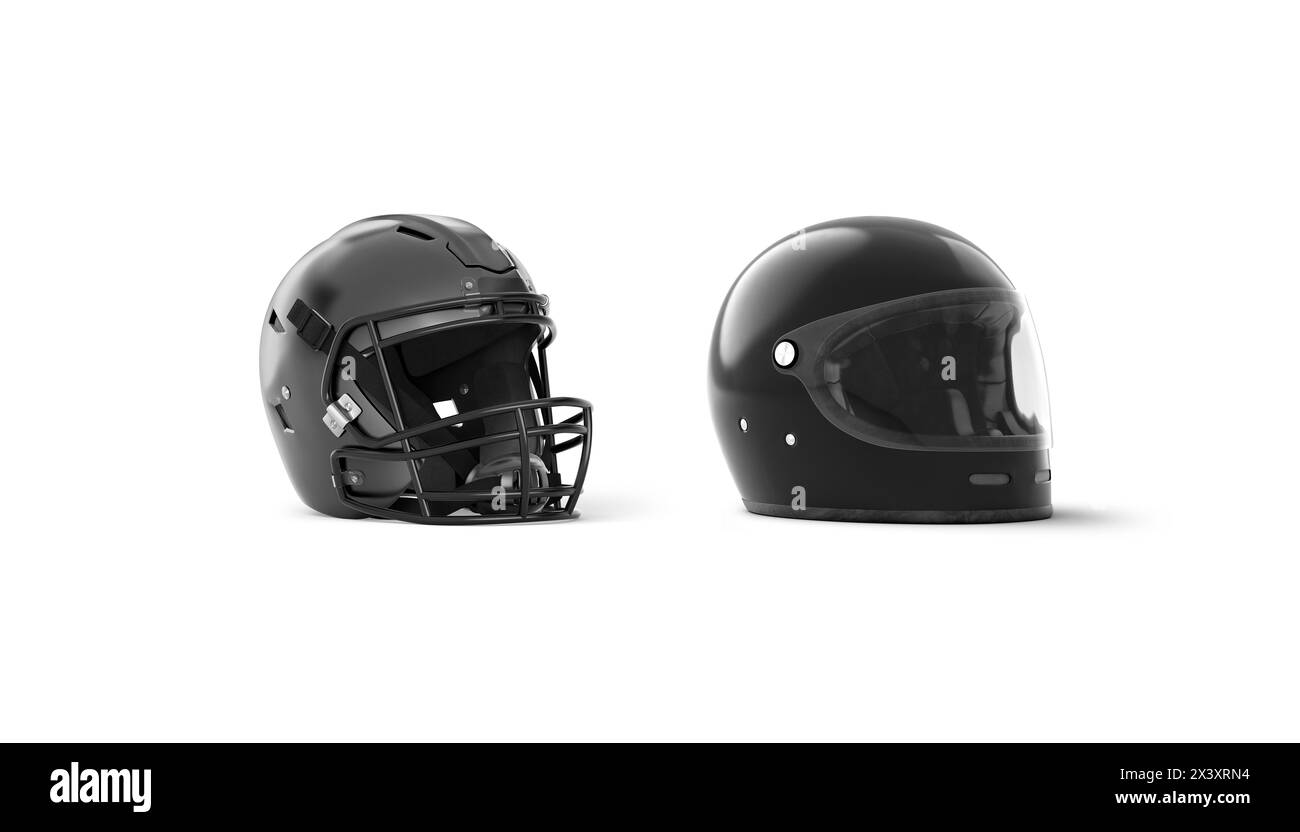 Blank black safety and football helmet mockup, side view, 3d rendering. Empty protect hard hat for speed or sporty uniform mock up, isolated. Clear fu Stock Photo
