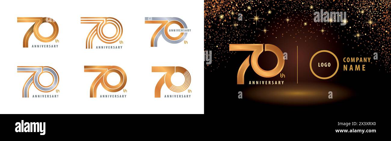 Set of 70th Anniversary logotype design, Seventy years anniversary celebration. 70 Years Celebrating Anniversary Logo silver and golden for celebratio Stock Vector