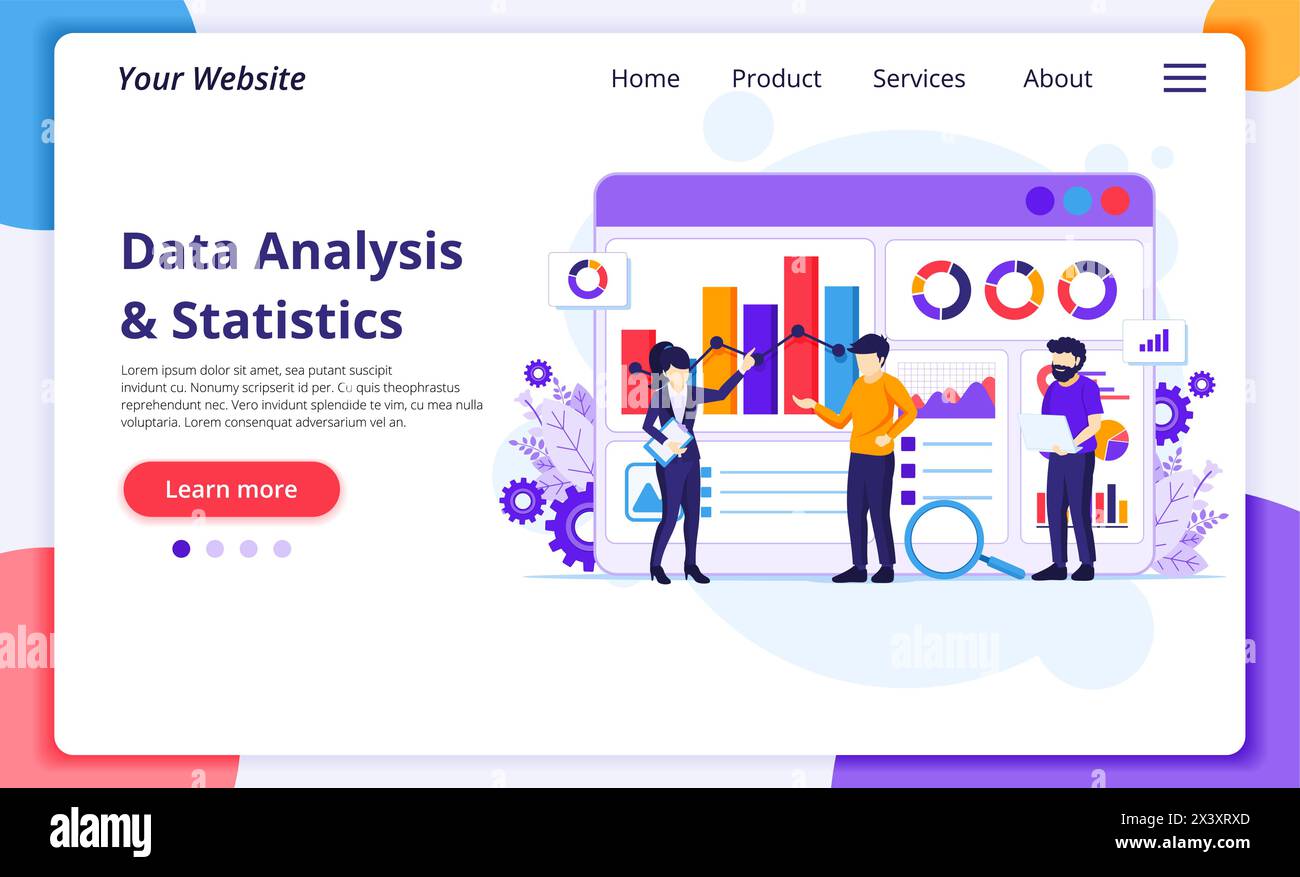 Data Analysis concept, People work in front of a big screen. Auditing, Financial consulting. Modern flat web page design for website and mobile develo Stock Vector