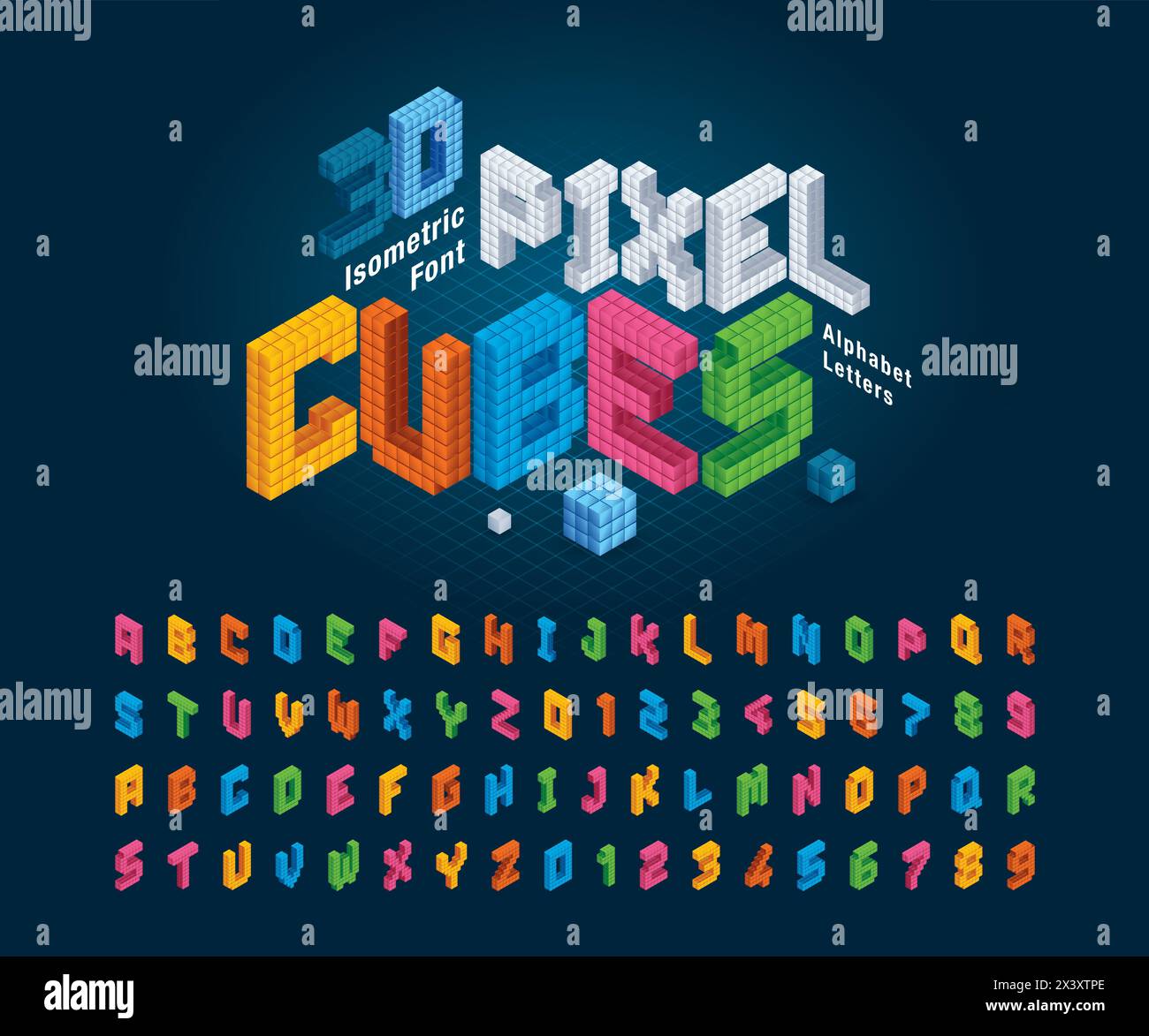 Vector of Cube Alphabet Letters and numbers, Abstract 3d Isometric Pixels stylized fonts, Pixel font. 3D alphabet. Isometric Cubes letter, Geometric a Stock Vector