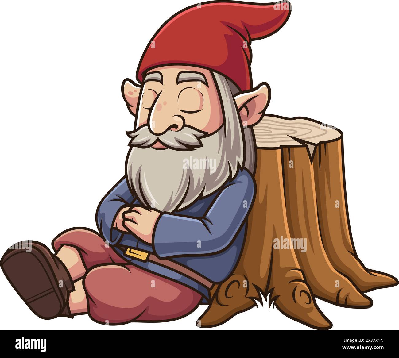 Garden gnome sleeping on tree trunk vector cartoon clip art Stock Vector