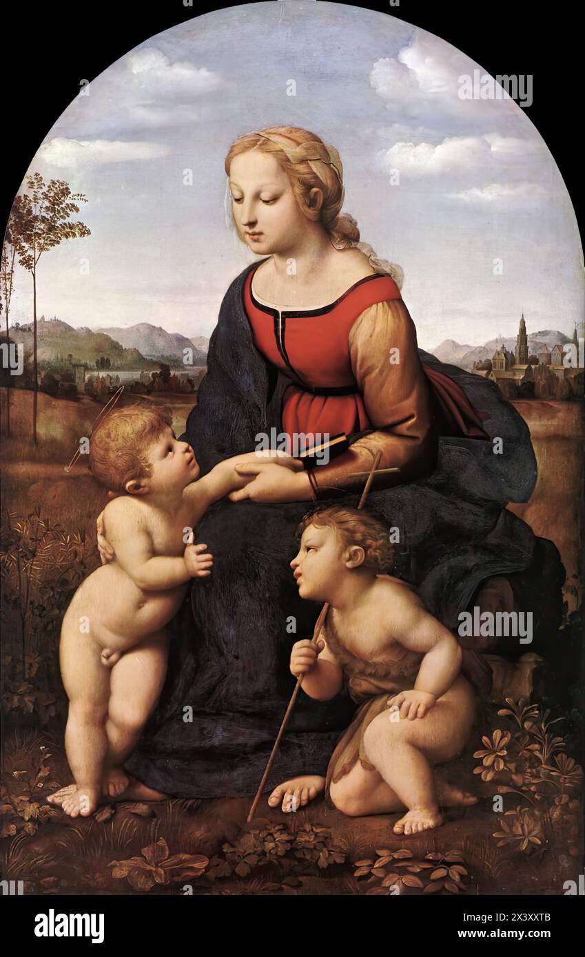 RAFFAELLO Sanzio (b. 1483, Urbino, d. 1520, Roma)  The Virgin and Child with Saint John the Baptist (La Belle Jardinière)  1507 Oil on wood, 122 x 80 cm Musée du Louvre, Paris  The so-called La Belle Jardinière, now in the Louvre,  is one of the several Madonna paintings executed by Raphael during his stay in Florence (1504-1508). It follows the Madonna of the Goldfinch (Uffizi, Florence) chronologically. Its composition is a mirror image of that of the Madonna of the Meadow (Kunsthistorisches Museum, Vienna). The painting was commissioned by Fabrizio Sergardi, a Sienese nobleman, and was left Stock Photo