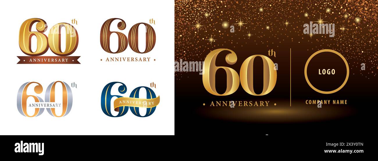 Set of 60th Anniversary logotype design, Sixty years Celebrating Anniversary Logo silver and golden, Vintage and Retro Serif Number Letters, Elegant C Stock Vector