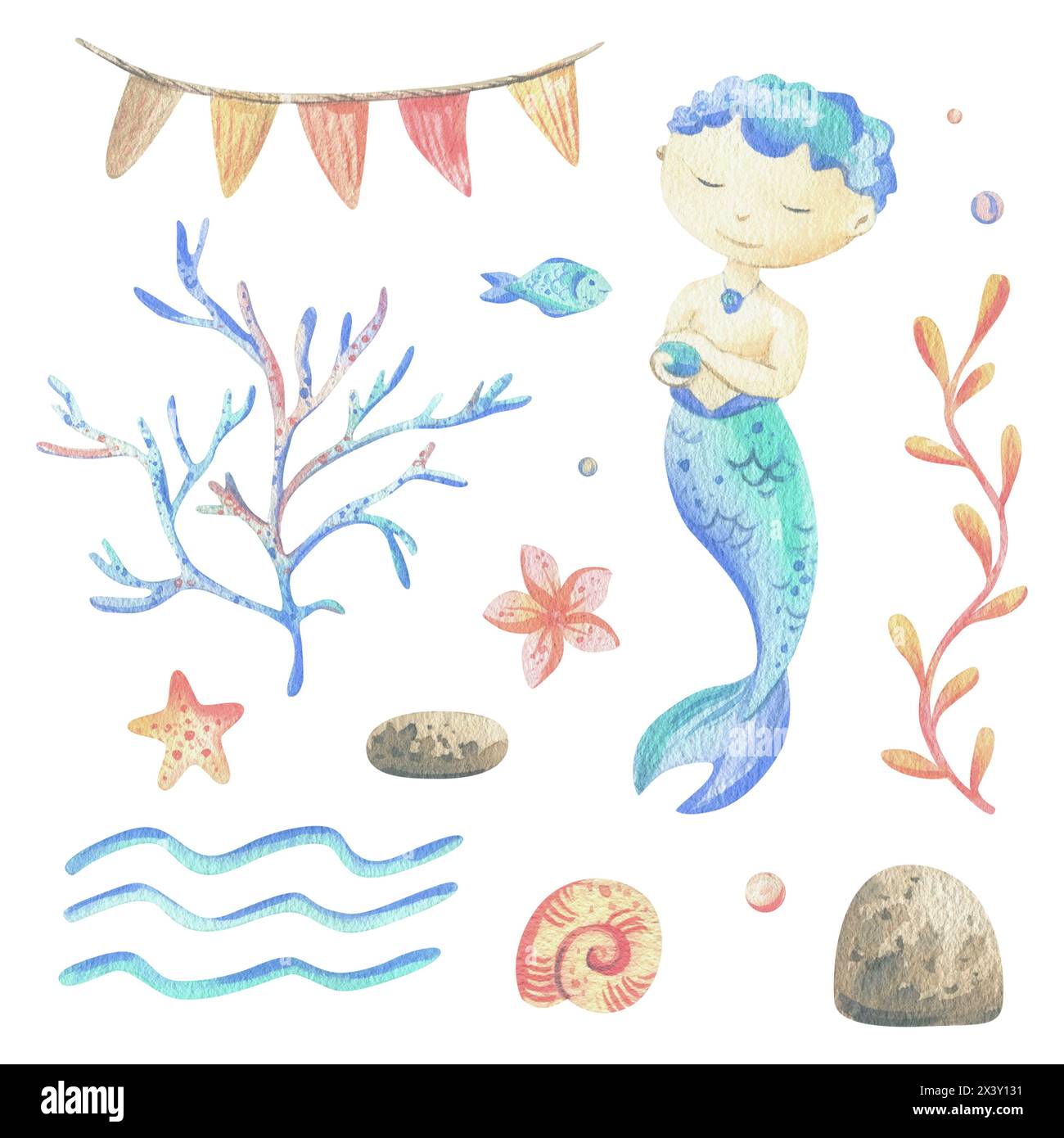 Mermaid is a little boy with fish, seashell, corals, algae, starfish