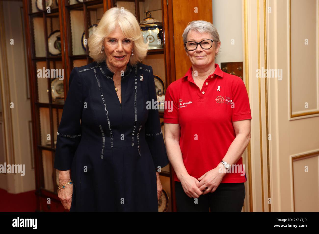 Queen Camilla with Tracy Edwards as she hosts a reception for the 'Maiden' yachting crew, at Clarence House in London, to congratulate them on their unprecedented win of the Ocean Globe Race and becoming the first ever all-female crew to win an around-the-world yacht race. Picture date: Monday April 29, 2024. Stock Photo