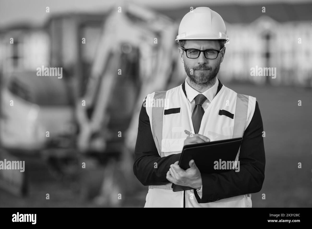 Supervisor Man Construction site banner advertisement Black and White Stock Photos ...