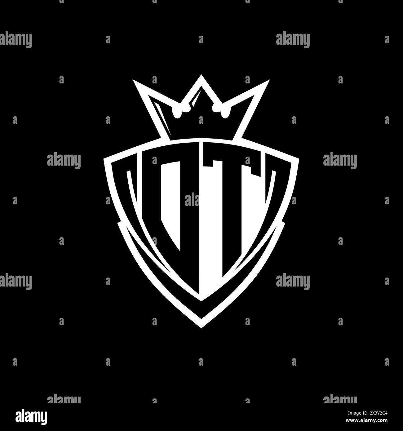 DT Bold letter logo with sharp triangle shield shape with crown inside ...