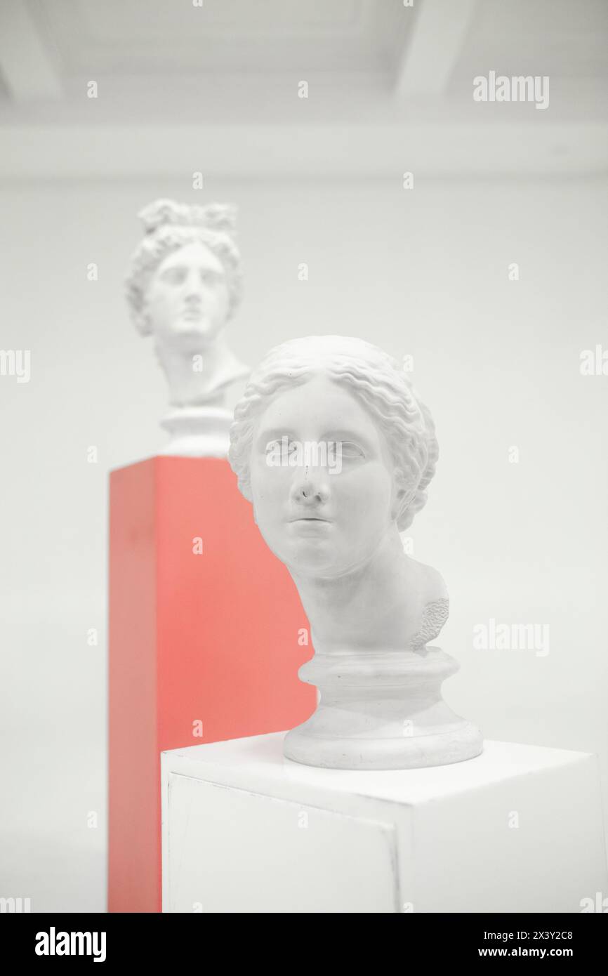 Two white sculptures of female heads are on podiums against a gray background. The sculptures are both looking to the left. Stock Photo
