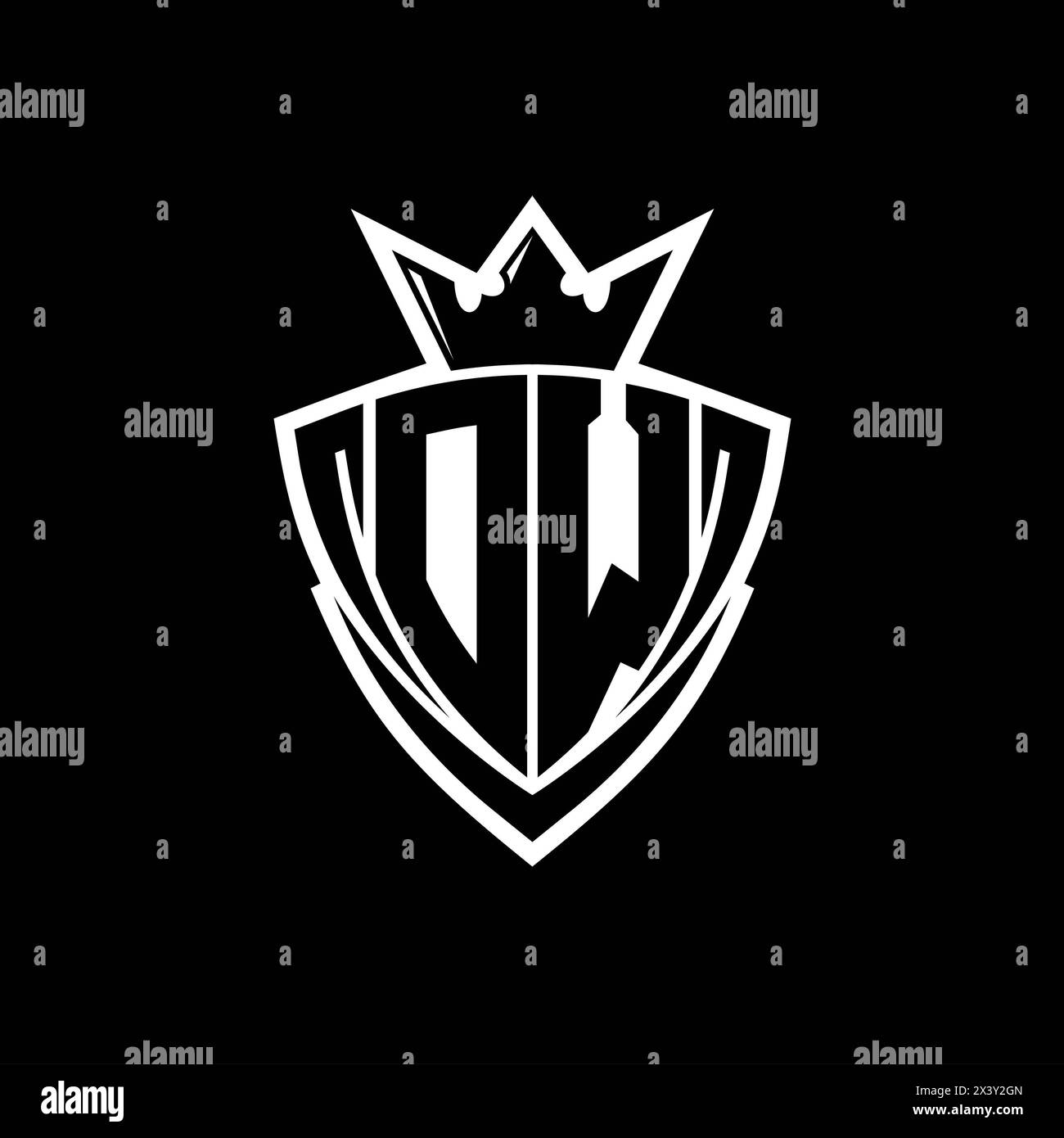 DW Bold letter logo with sharp triangle shield shape with crown inside white outline on black background template design Stock Photo