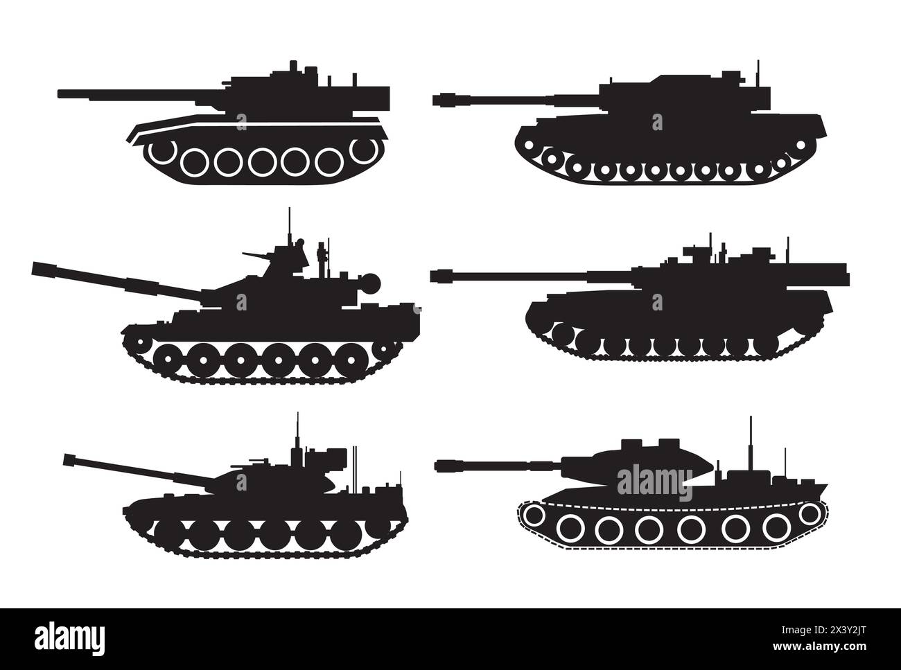 Set of silhouettes of military tanks war clash army conflict for design and gaming Stock Vector