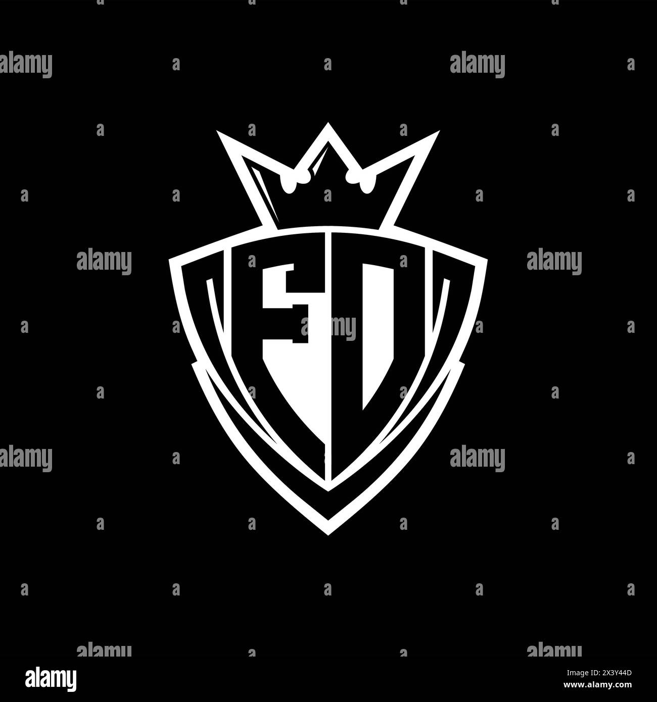 FD Bold letter logo with sharp triangle shield shape with crown inside white outline on black background template design Stock Photo