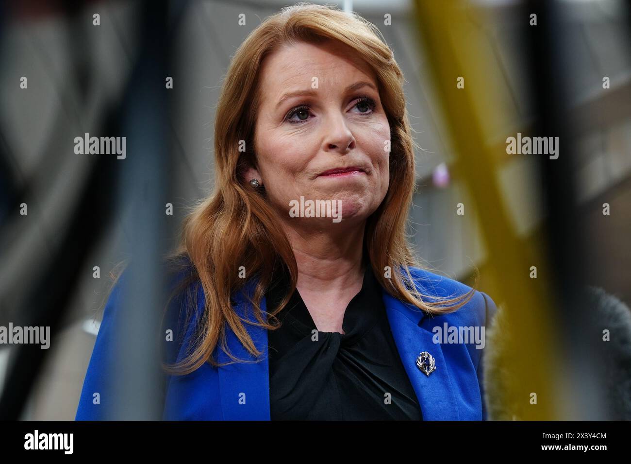 Ash Regan of the Alba Party speaking to media outside the Scottish Parliament at Holyrood, Edinburgh. Humza Yousaf has said he will resign as SNP leader and Scotland's First Minister, avoiding having to face a no confidence vote in his leadership. Picture date: Monday April 29, 2024. Stock Photo