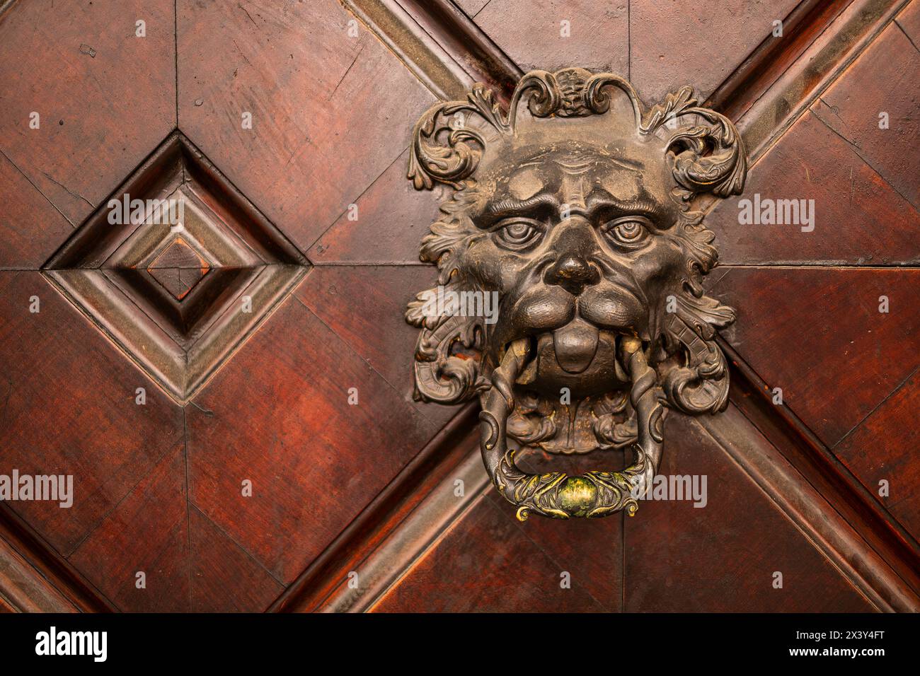 Antiker Türklopfer als Löwenkopf gestaltet, in der historischen Altstadt von Bozen, Südtirol, Italien. Antique door knocker designed as a lion's head, Stock Photo