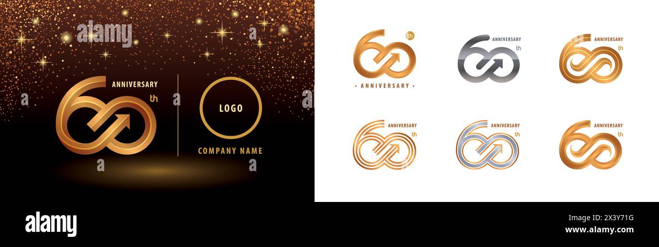 Set of 60th Anniversary logotype design, Sixty years anniversary celebration. 60 Years Celebrating Anniversary Logo silver and golden for celebration Stock Vector