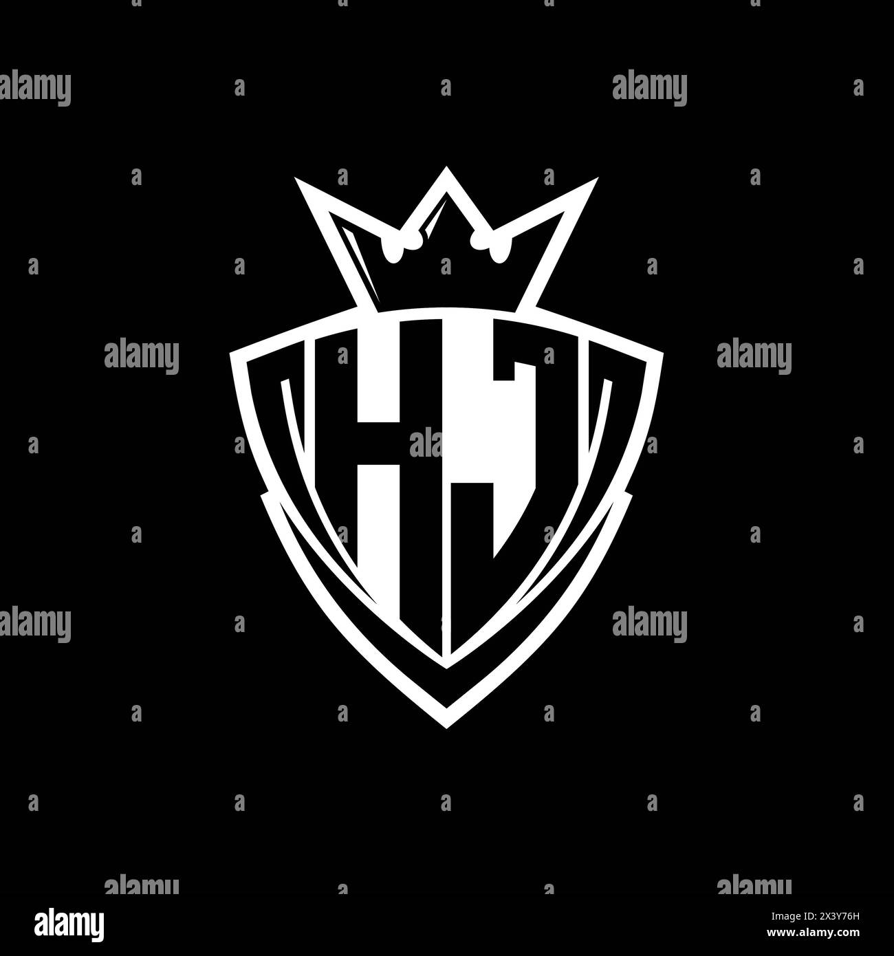 HJ Bold letter logo with sharp triangle shield shape with crown inside ...