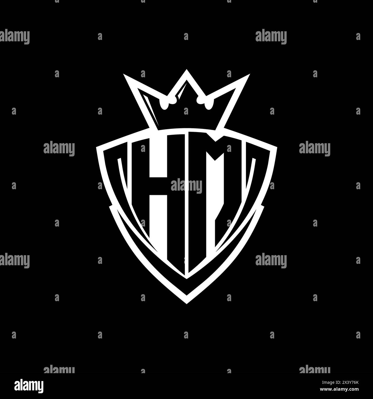 HM Bold letter logo with sharp triangle shield shape with crown inside white outline on black background template design Stock Photo