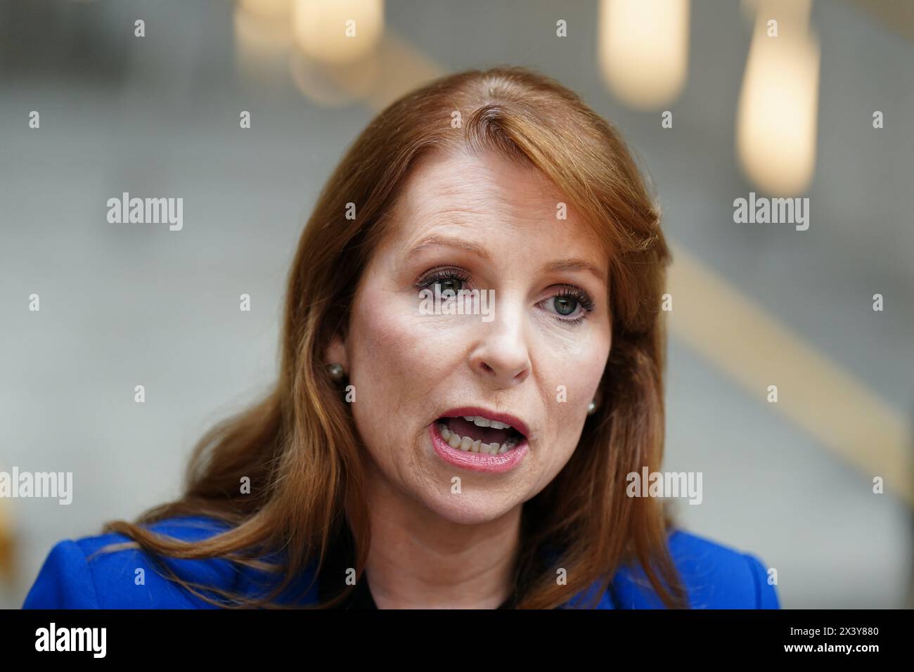 Ash Regan of the Alba Party speaking to media outside the Scottish Parliament at Holyrood, Edinburgh. Humza Yousaf has said he will resign as SNP leader and Scotland's First Minister, avoiding having to face a no confidence vote in his leadership. Picture date: Monday April 29, 2024. Stock Photo