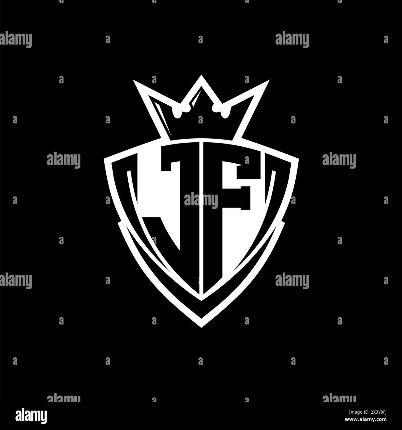 JF Bold letter logo with sharp triangle shield shape with crown inside white outline on black background template design Stock Photo