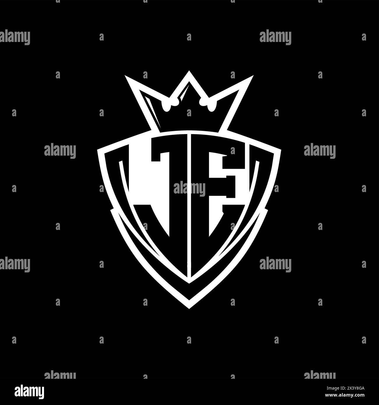 JE Bold letter logo with sharp triangle shield shape with crown inside ...