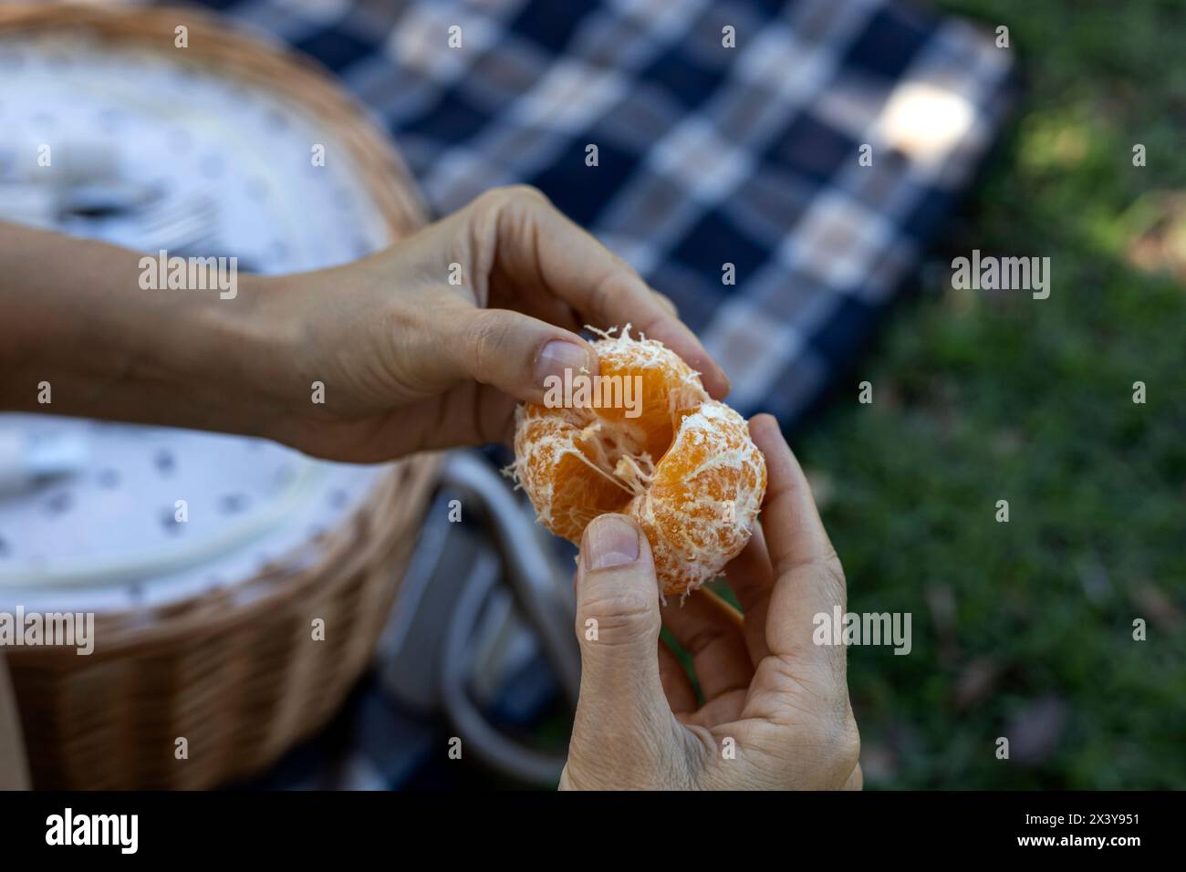 Woman sitting at picnic eating a tangerine Stock Photo
