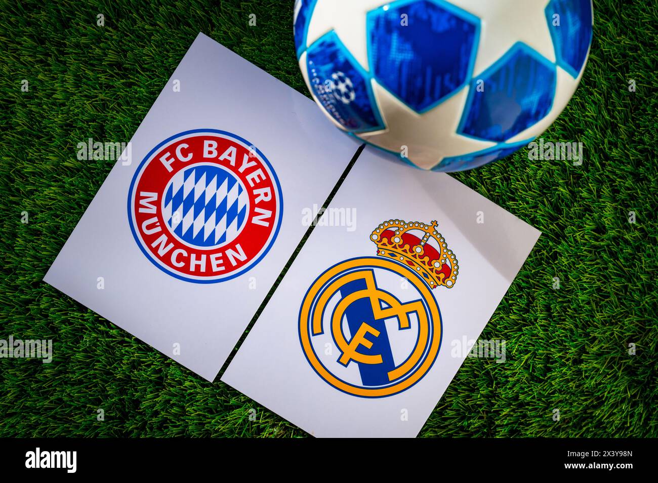 MUNICH, GERMANY, APRIL 28. 2024: Bayern Munich (GER) vs Real Madrid (ESP). Semifinals of football UEFA Champions League 2024 in Europe. Logo of teams Stock Photo