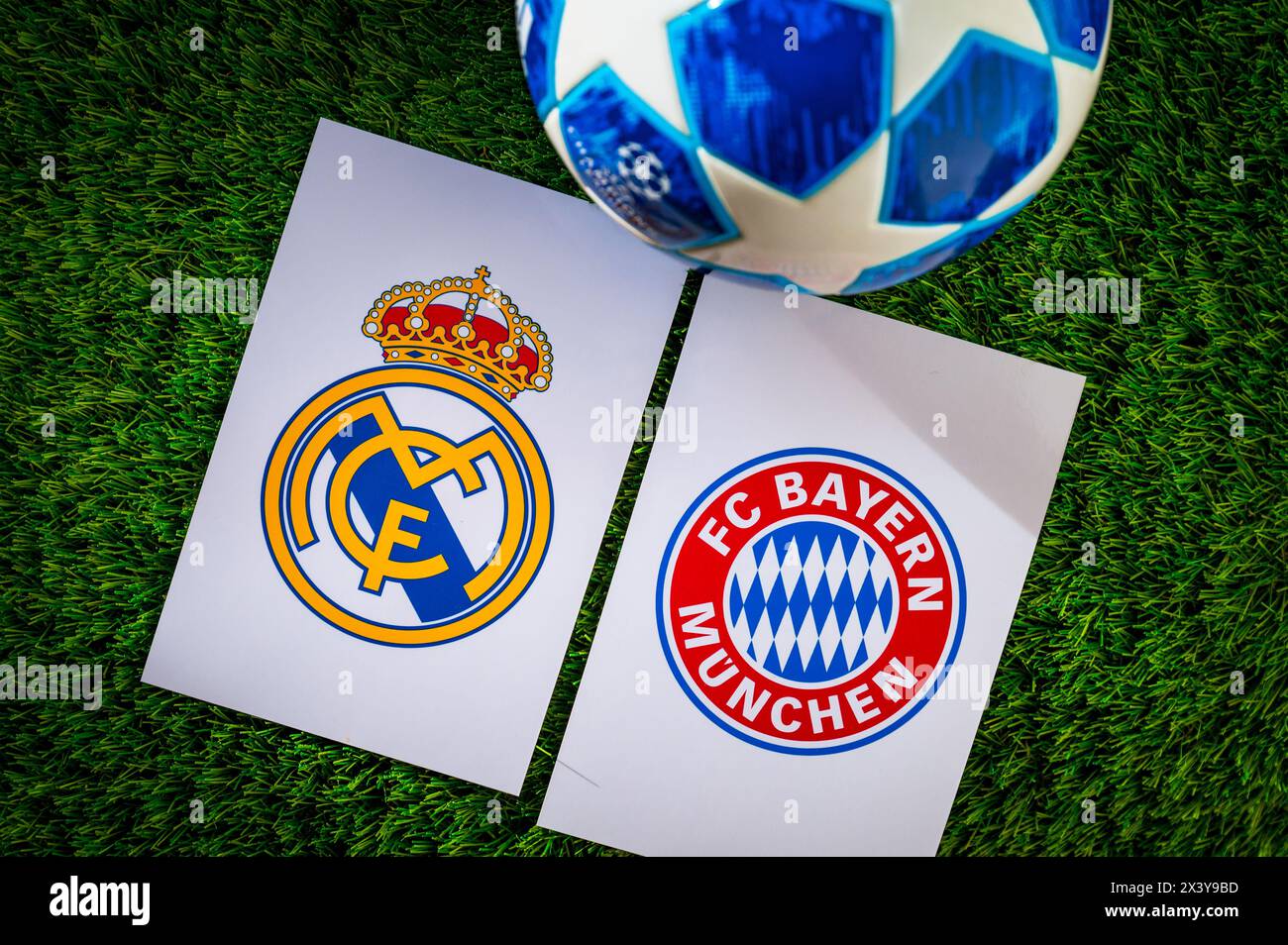 MADRID, SPAIN, APRIL 28. 2024: Real Madrid (ESP) vs Bayern Munich (GER). Semifinals of football UEFA Champions League 2024 in Europe. Logo of teams an Stock Photo
