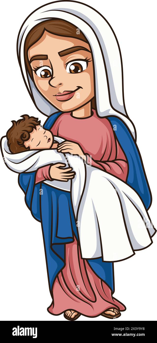 Virgin Mary jolding baby Jesus vector cartoon clip art Stock Vector