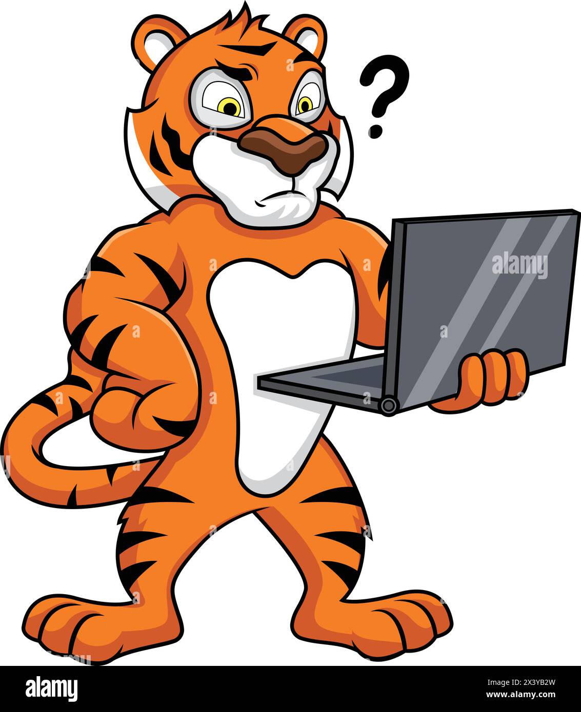 Confused tiger holding a computer vector cartoon clip art Stock Vector