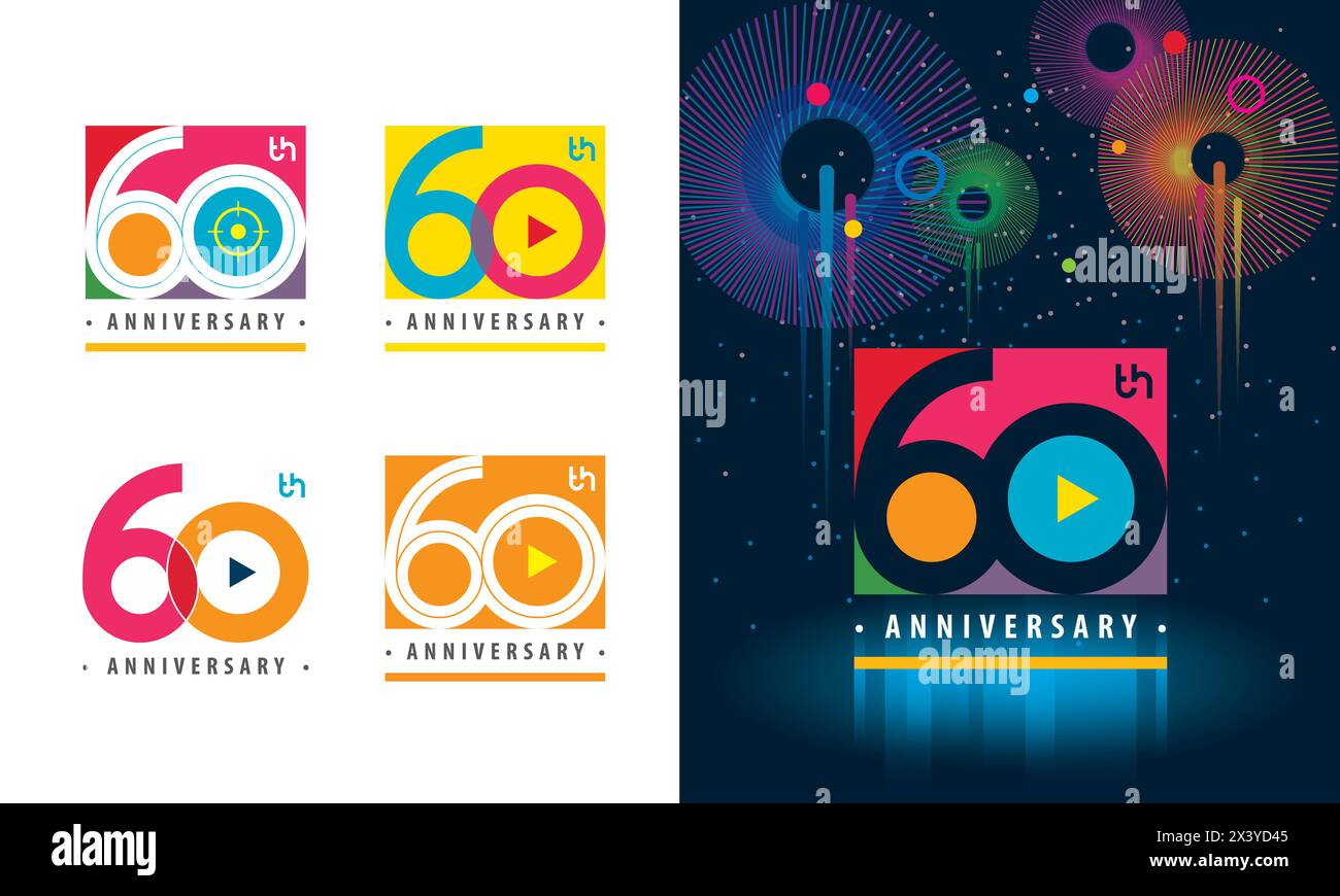 Set of 60th Anniversary logotype design, Sixty years Celebrating Anniversary Sign, Colorful Logo for celebration event, invitation, greeting, web temp Stock Vector
