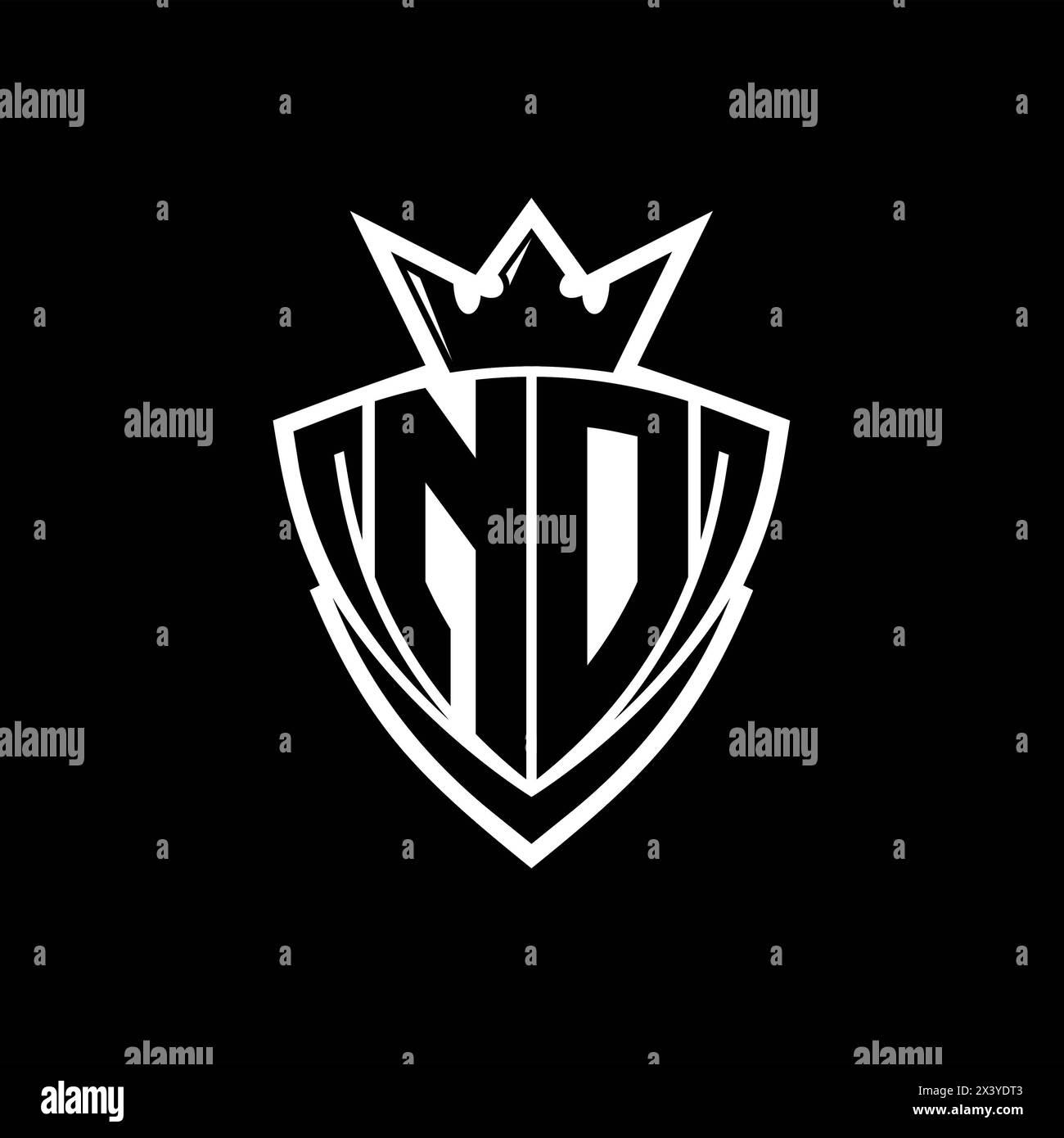 ND Bold letter logo with sharp triangle shield shape with crown inside white outline on black background template design Stock Photo