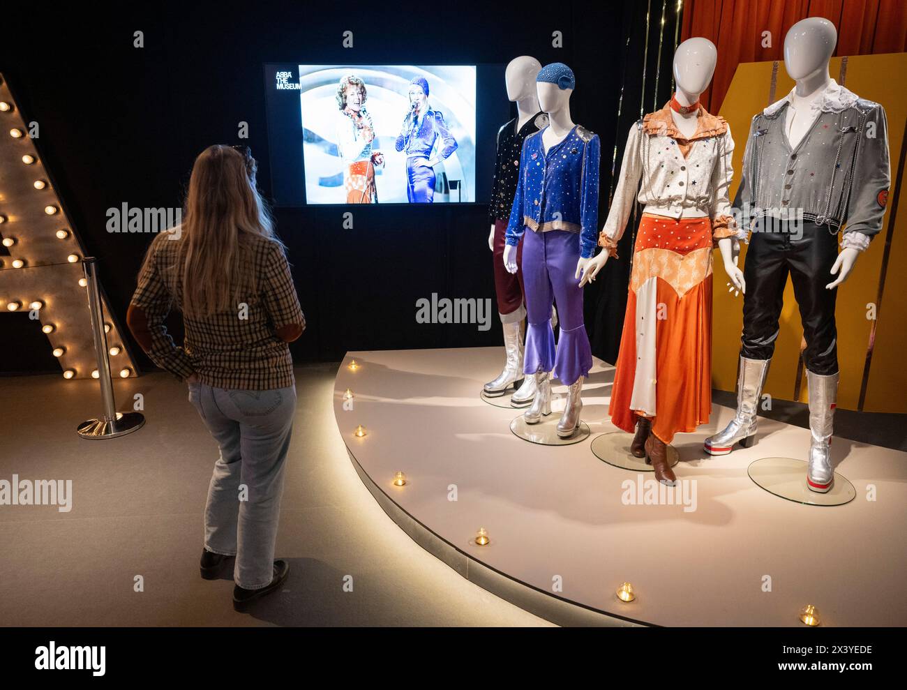 Malmo, Sweden April 29, 2024. ABBA member´s costumes from when they won the Eurovision Song Contest in Brighton 50 years ago are on display when Abba World mini-exhibition and pop-up experience opened its doors in central Malmo, Sweden April 29, 2024. The ABBA World pop-up is open during the two weeks that the Eurovision Song Contest will be in town.Photo: Johan Nilsson/TT/Code 50090 Credit: TT News Agency/Alamy Live News Stock Photo